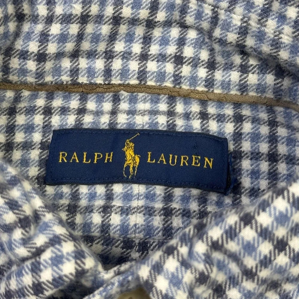Ralph Lauren Flannel Button Shirt Mens Medium Blue Check Long Sleeve Suede Elbow
